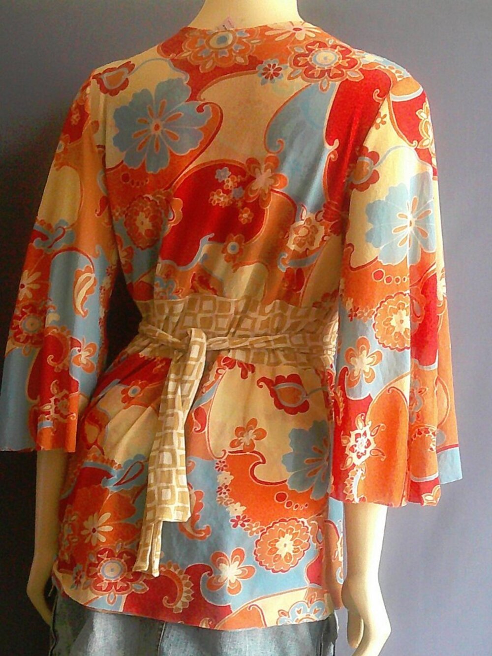 Sweet Pea Floral Mesh Stretch Kimono Vintage Top XL Runs Small - Picture 7 of 10